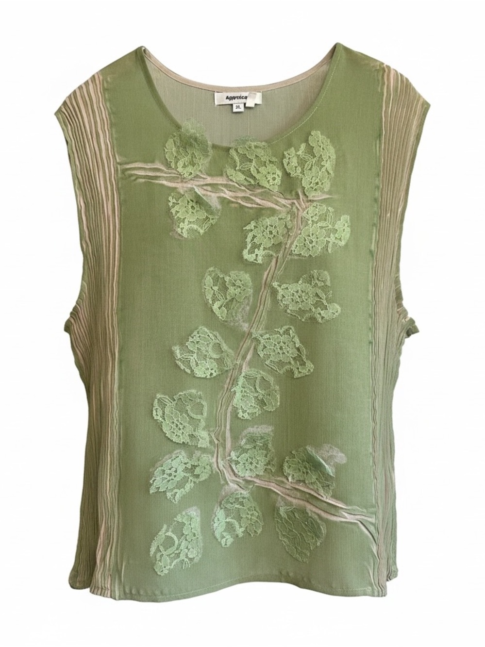 Green Lace Appliqué Sleeveless Top Vintage Shadow Pleats size extra large
